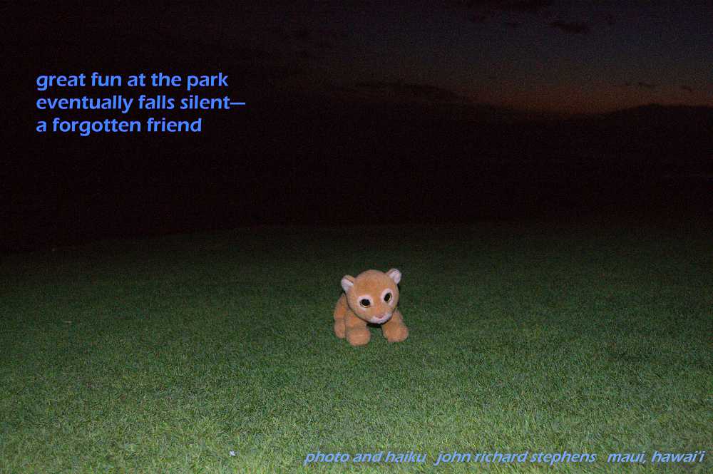 A photo haiku with a picture at dusk of a lion cub plush left alone on the grass.